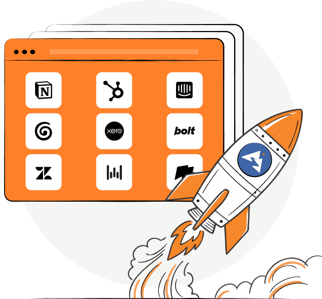 FJ+ partner tools displayed in a browser window with a rocket launching beside them